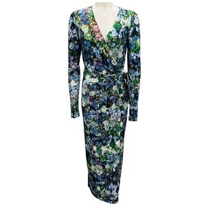 MARY KATRANTZOU GREEN / BLUE MULTI LEAF PRINT JERSEY STRETCH MAXI WRAP DRESS